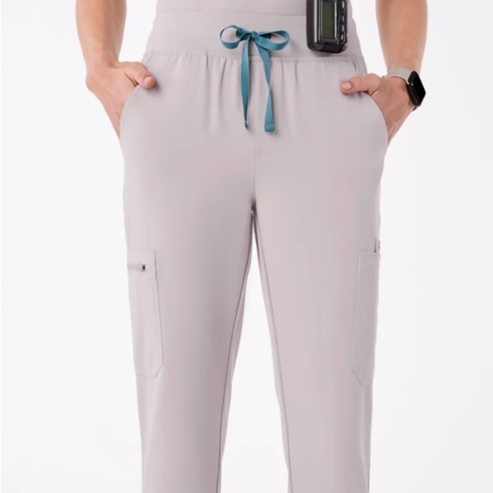 Figs Women's Skinny Pants in Light Gray with Teal Drawstring